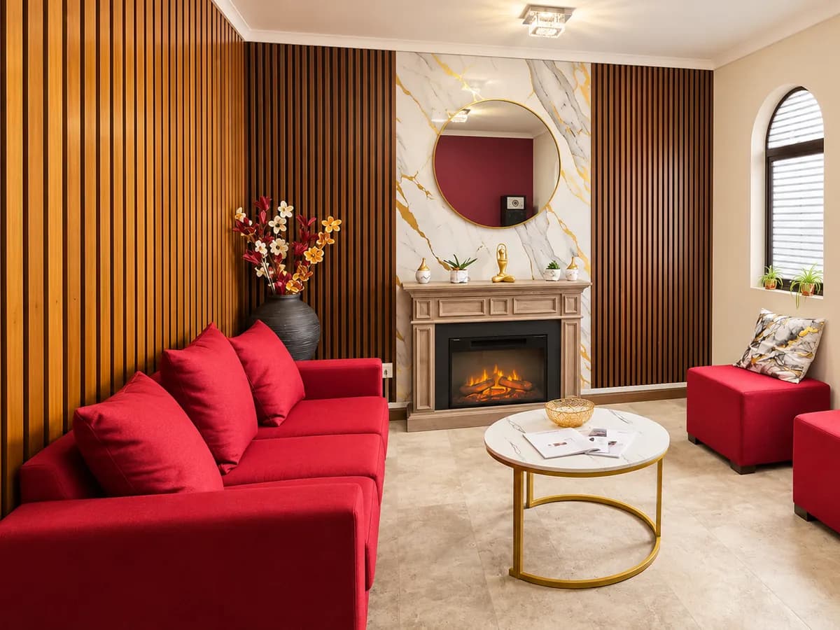 The clinic waiting room, with a red sofa and armchairs, a coffee table and a fireplace