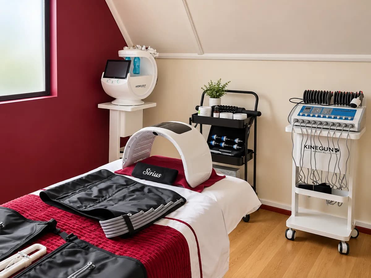 Treatment room with the bed prepared, pressotherapy garments and treatment equipment