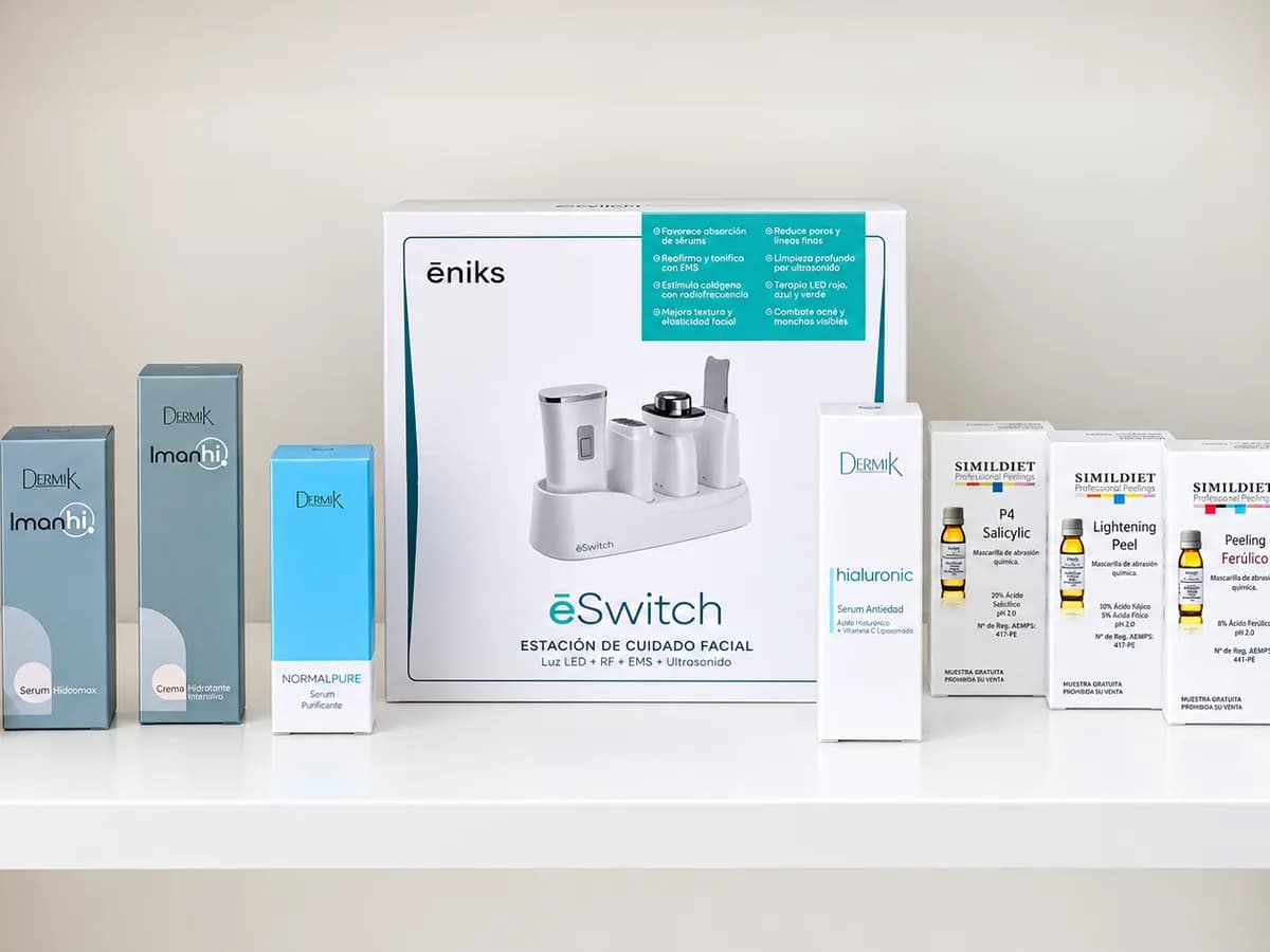 The clinic display with serums, creams, peels and a facial care station